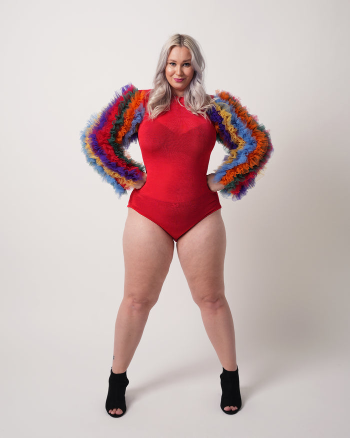 Dimaz Sugar Spectrum Bodysuit styled for party wear, bold rainbow fashion