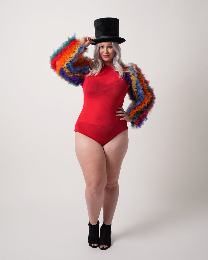 Sugar Spectrum Bodysuit in red with rainbow ruffle sleeves, front view