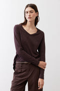 Coffee-brown V-neck swing top with long sleeves and soft jersey drape
