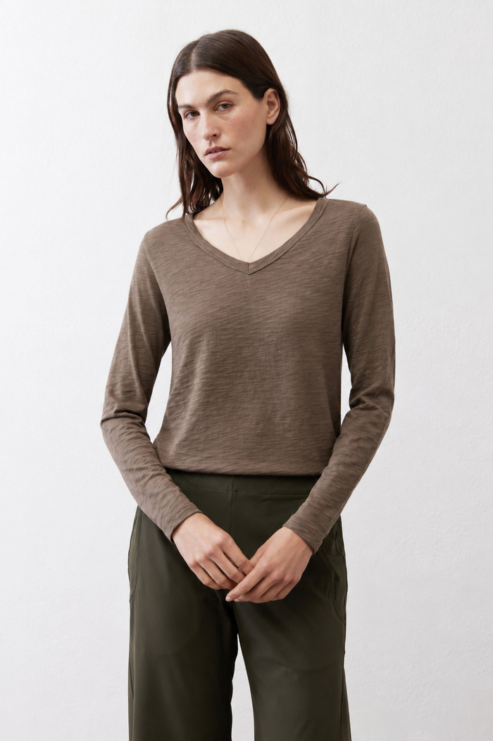 Taupe V-neck long-sleeve swing top, front view, draped relaxed fit