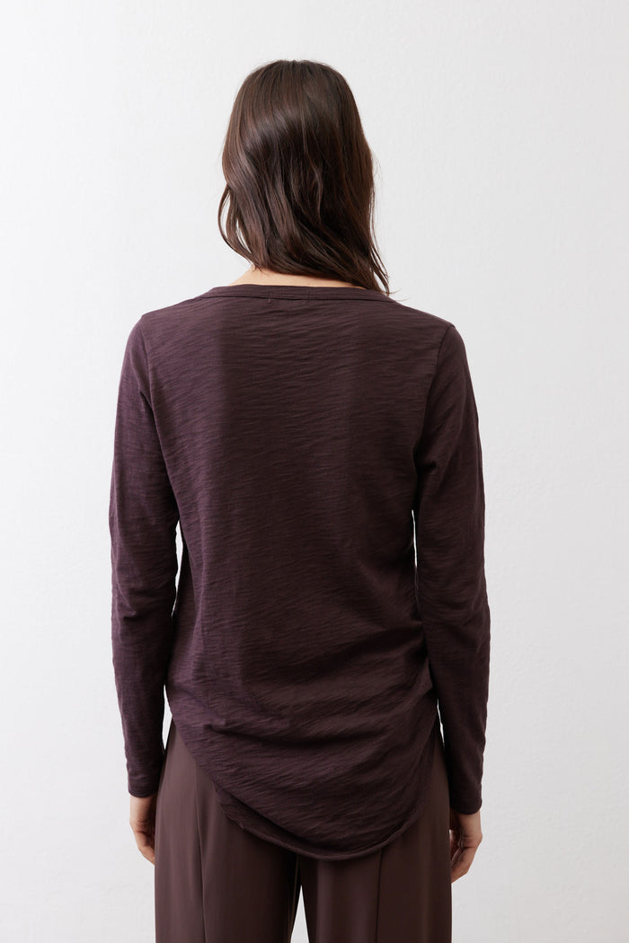 Coffee-brown swing top with long sleeves, back view