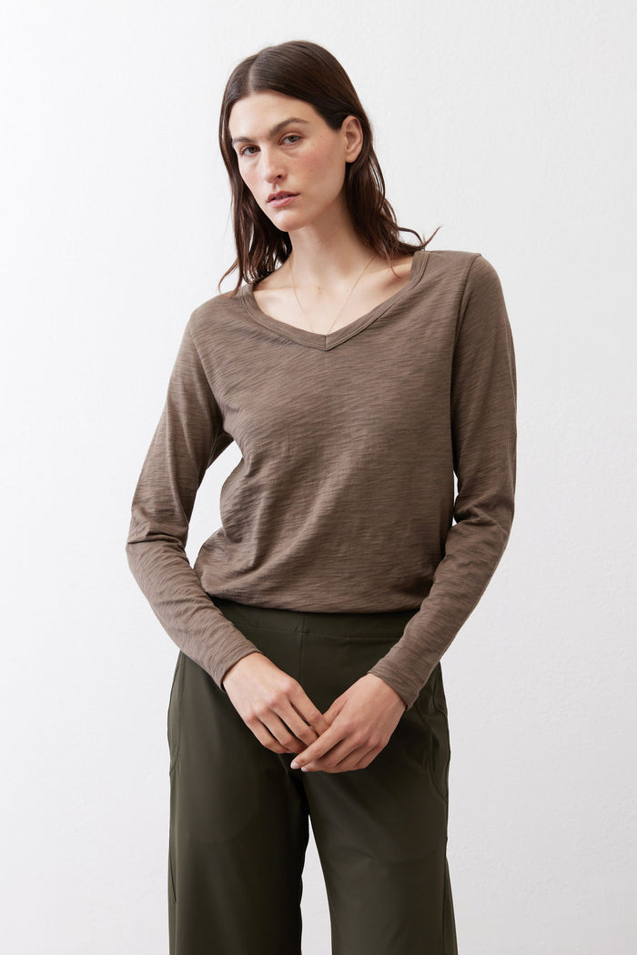 Taupe V-neck long-sleeve top with relaxed straight fit