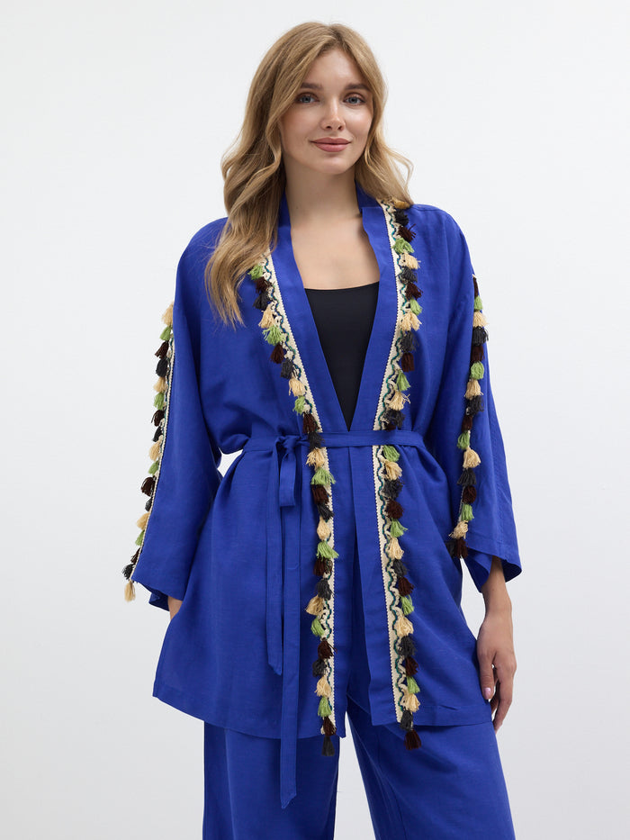 Tassel Kimono & Trouser Set Blue - Store WF