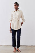 Oat linen belted tunic with button-front and 3/4 sleeves, worn to the thigh.