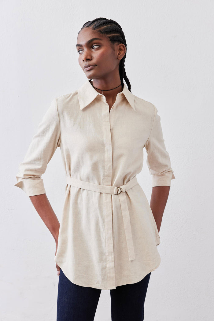 Oat linen tunic with button-front and self-tie belt at the waist, 3/4 sleeves.