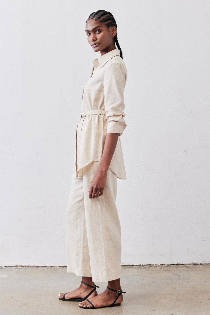 Oat linen tunic with side tie belt, button-front, and 3/4 rolled sleeves.