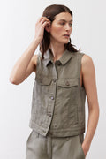 Olive cropped task vest with pointed collar, button front, and flap pockets