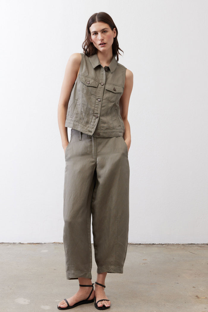 Olive cropped sleeveless task vest with button front and flap chest pockets