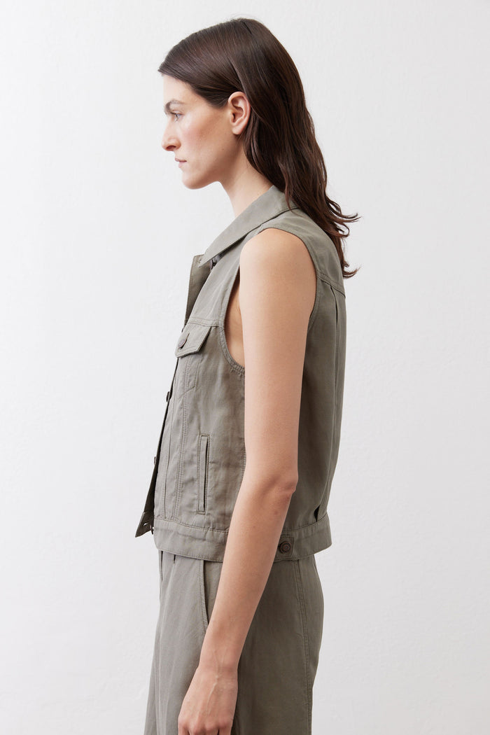 Olive sleeveless cropped vest with front pockets and button closure