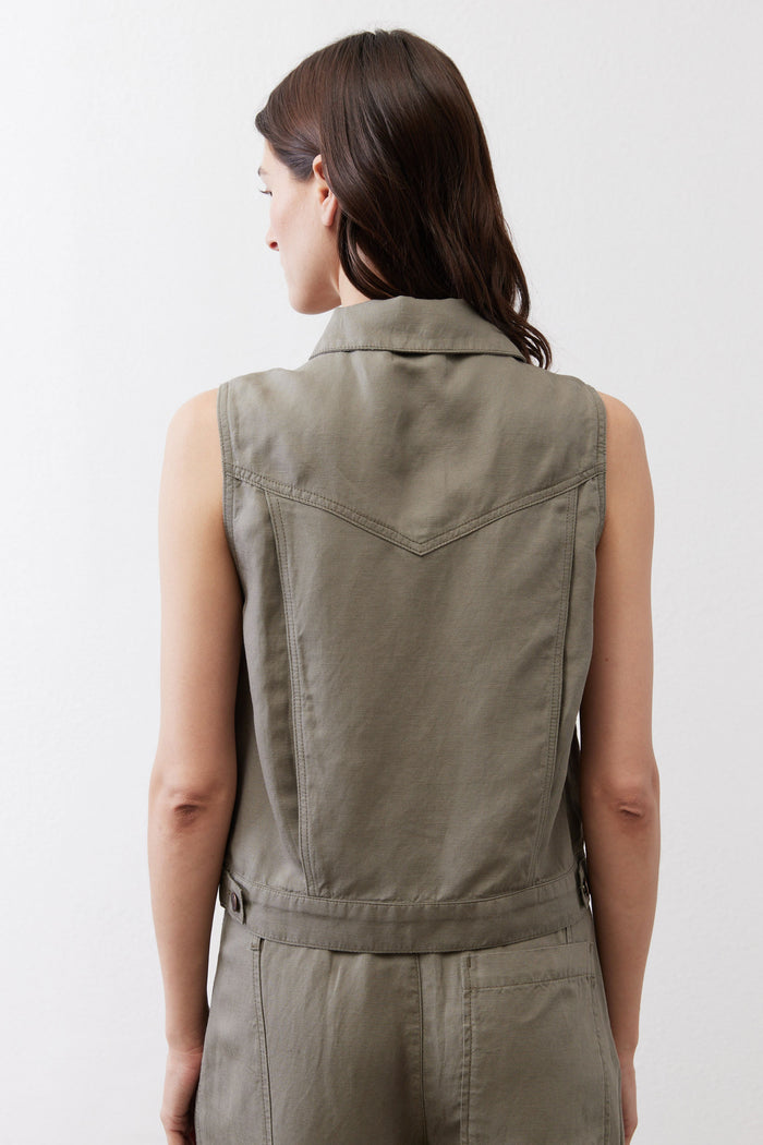 Olive sleeveless cropped vest, back view with yoke seam and collar