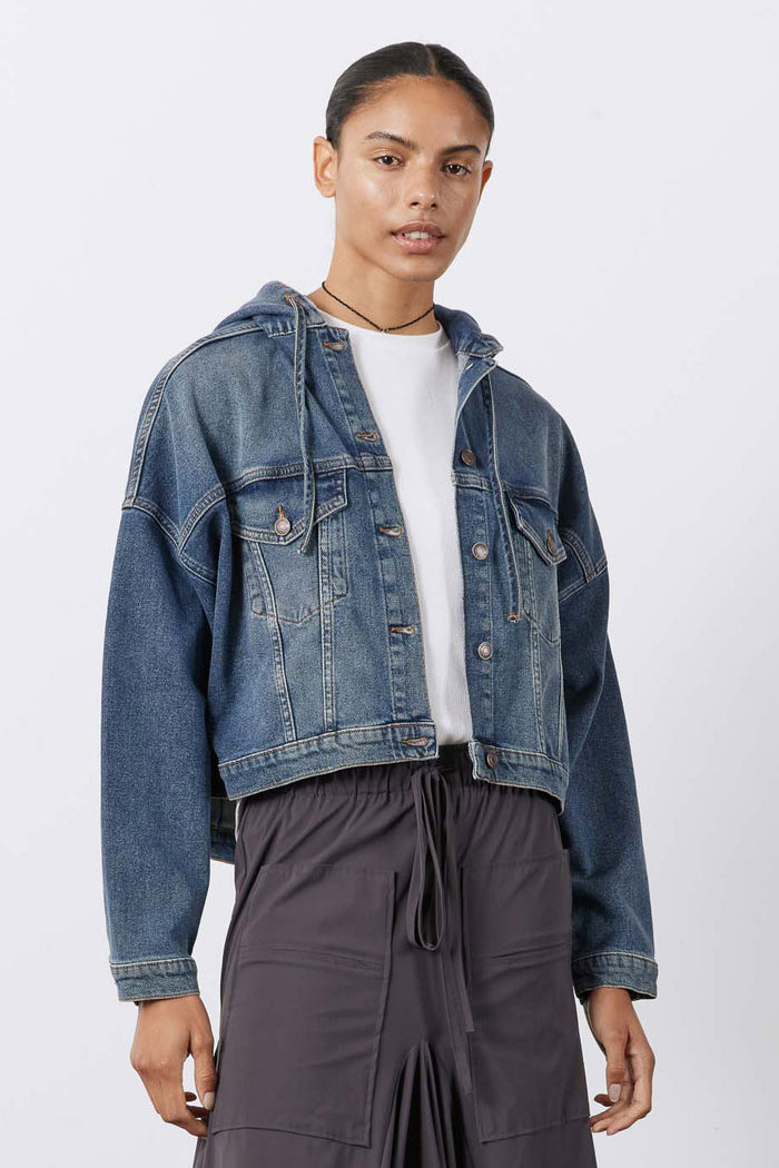 Washed denim jacket with hood, button front, chest pockets, long sleeves