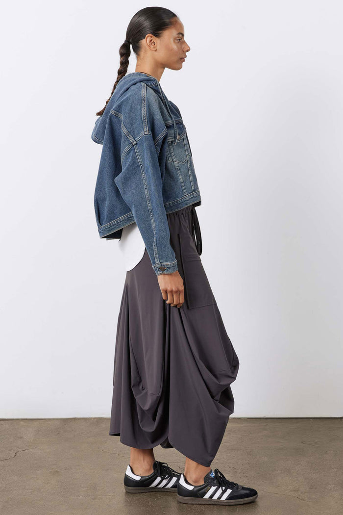 Washed denim jacket with hood, button front, side hem detail, long sleeves