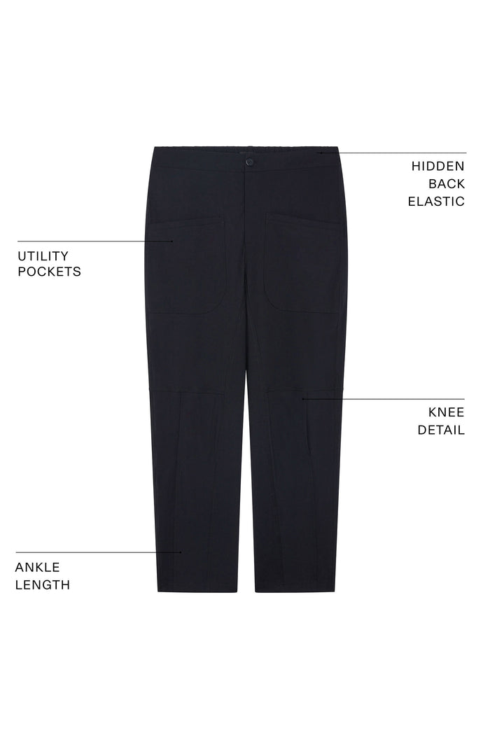 Black ankle-length slim pants, utility pockets, hidden back elastic (flat lay)