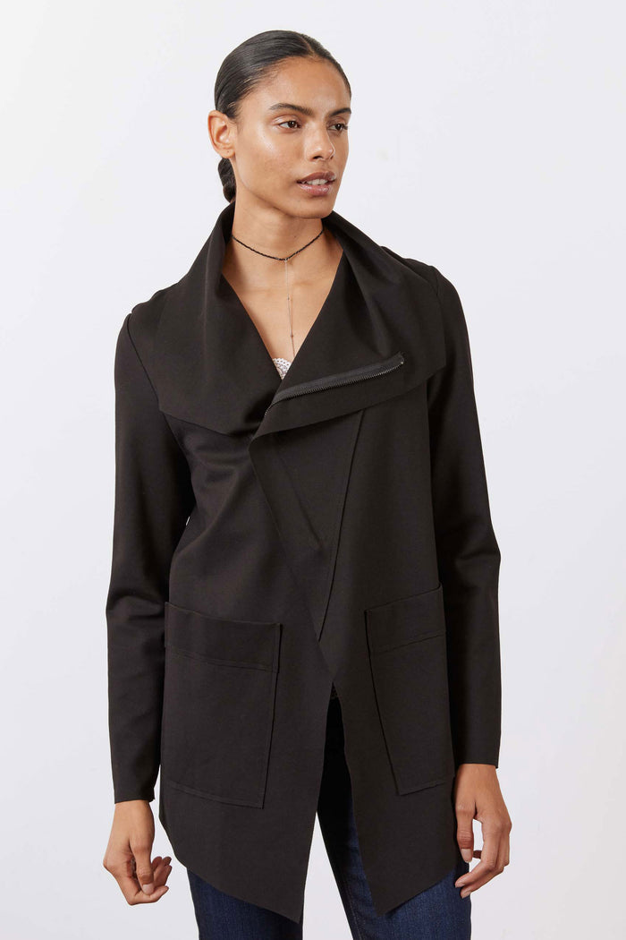 Black long-sleeve jacket with layered collar and two front patch pockets