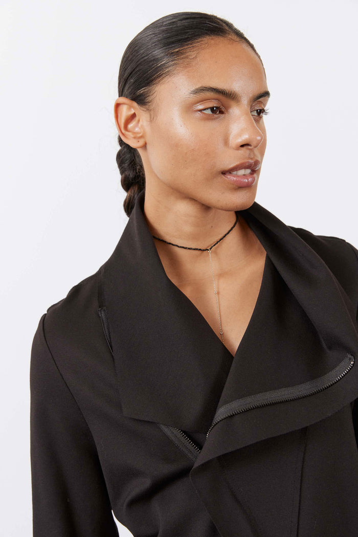 Black jacket close-up with layered collar and visible zipper edge