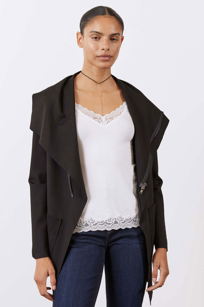 Black Foundation jacket with draped open front, long sleeves, and small cord details