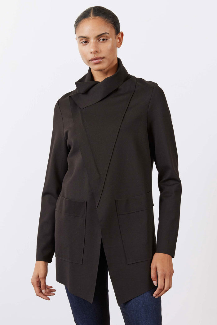 Black jacket with stand collar, long sleeves, and flap patch pockets