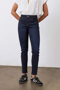 Dark blue fitted jeans front view with button closure, belt loops, and slim straight legs