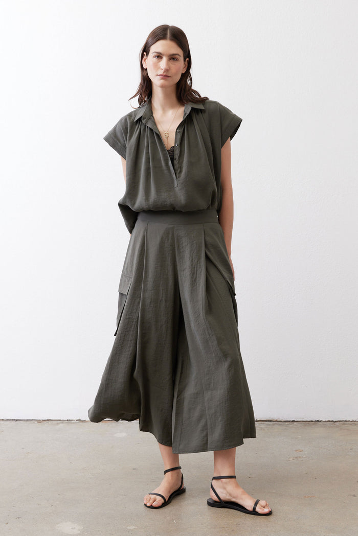 Oversized dark olive voile blouse with short sleeves and front button placket