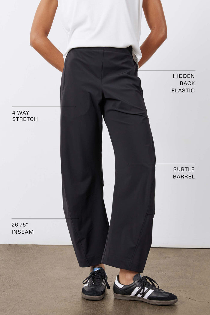 Black loose work pants with hidden back elastic, 4-way stretch, barrel leg