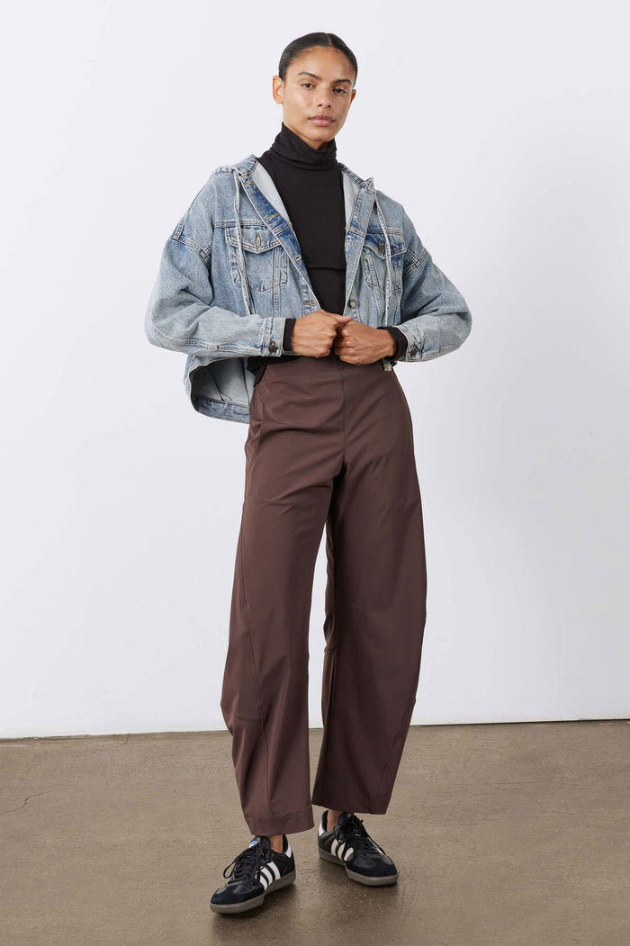 Coffee-brown loose work pants with straight wide legs and side pocket detailing