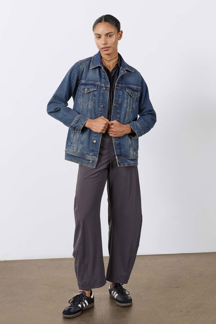 Graphite work pants full length with loose straight legs and elastic waist