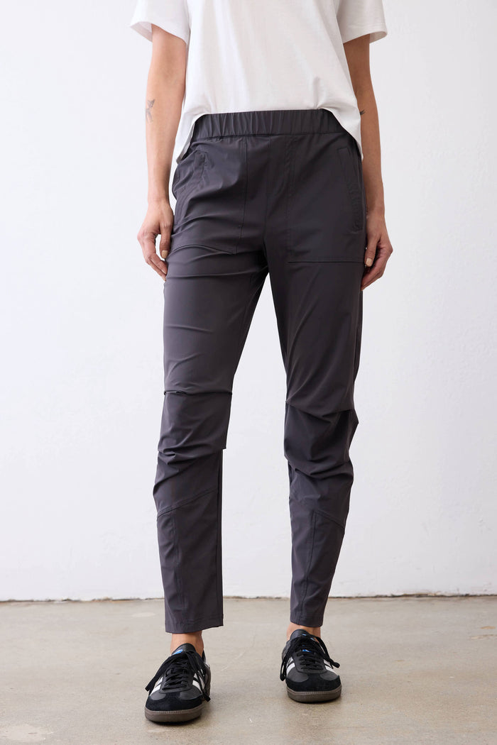 Graphite active pants, rear view, elastic waistband and side pockets