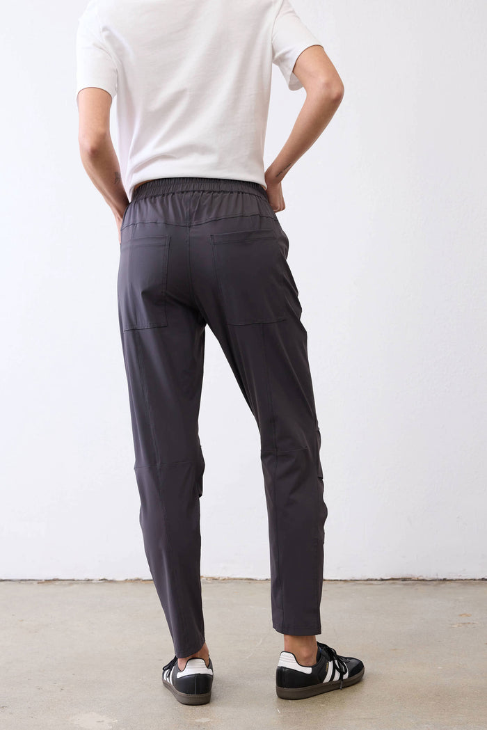 Graphite active pants with tapered leg, cuffed hem, and elastic waist