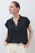 Black oversized silk blouse with open V-neck and short sleeves front buttons