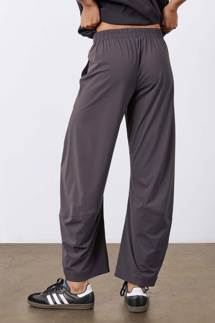 Graphite work pants with elastic waist, draped fabric, relaxed wide legs