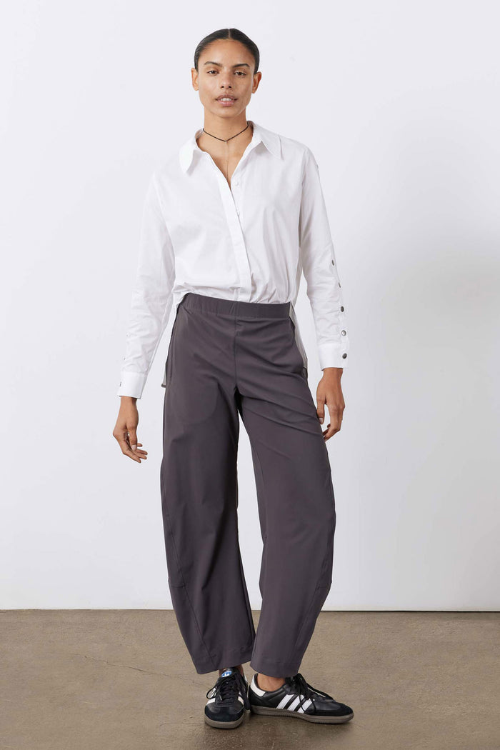 Graphite loose work pants with elastic waistband and straight wide legs