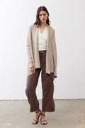Marble sand open-knit cardigan, long sleeves, open front, asymmetrical hem detail