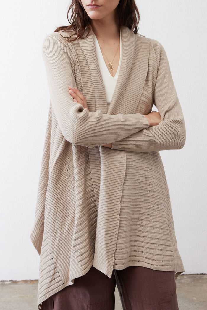 Marble sand open front knit cardigan with long sleeves and draped shawl collar