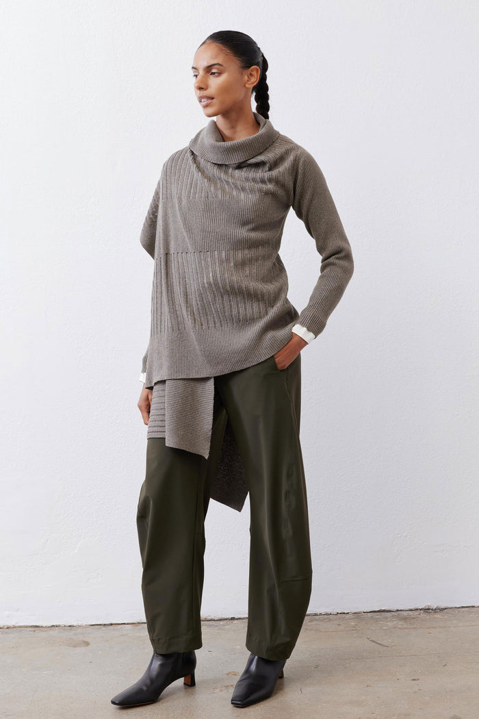Sea gray open-knit cardigan with cowl neck and draped asymmetrical hem