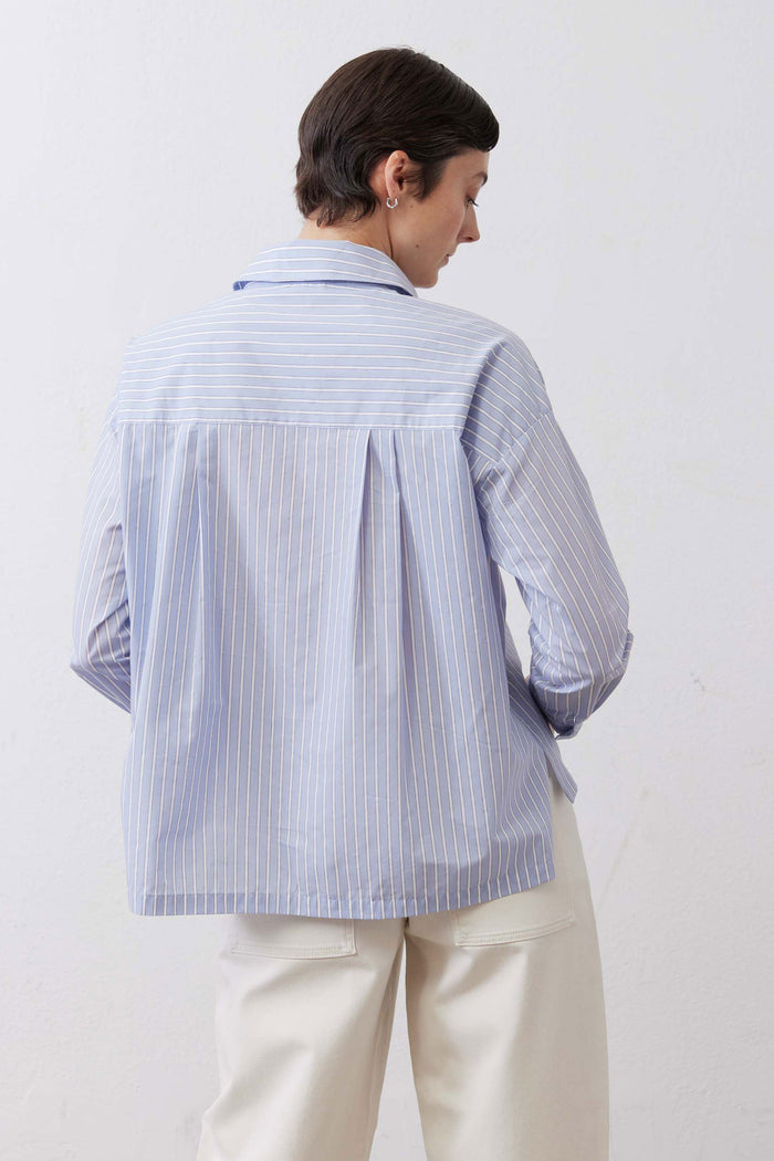 Light blue striped oversized button-down shirt, back view with yoke seams