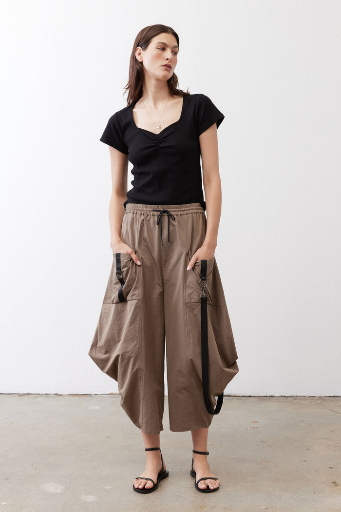 Black square-neck dipped front short-sleeve top with ruched neckline