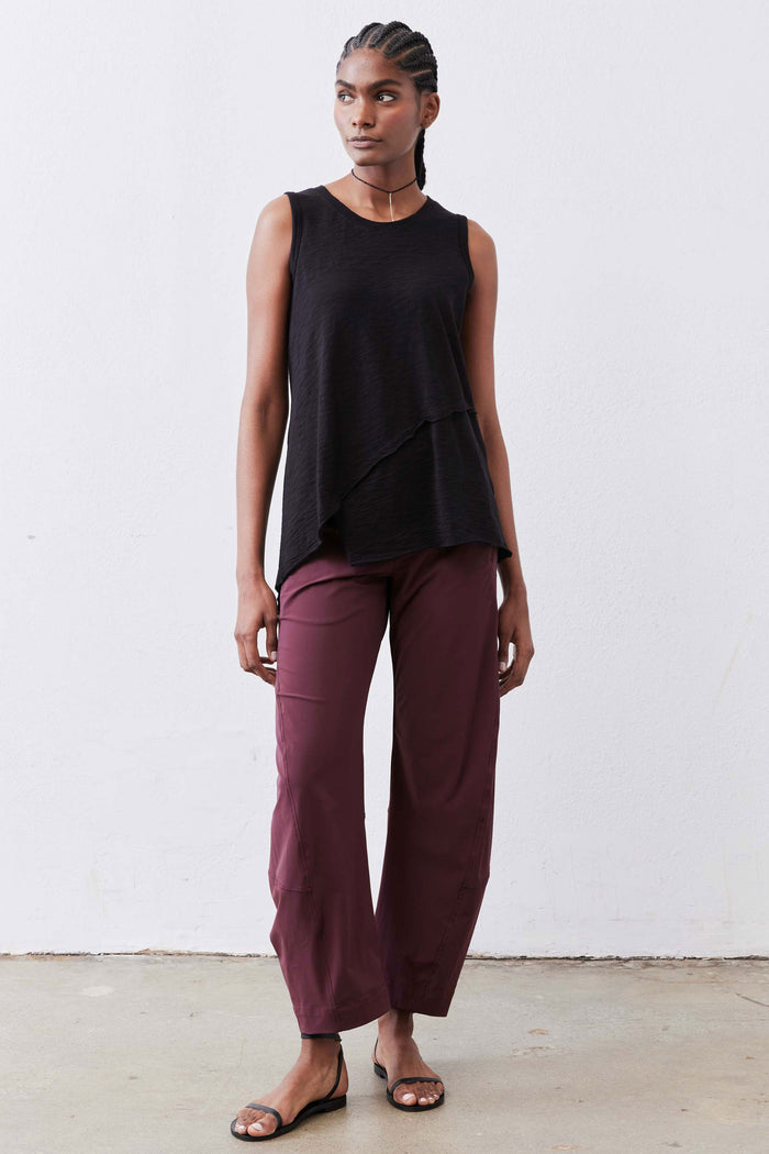 Relaxed aubergine work pants, loose straight-leg fit with elastic waistband and ankle length