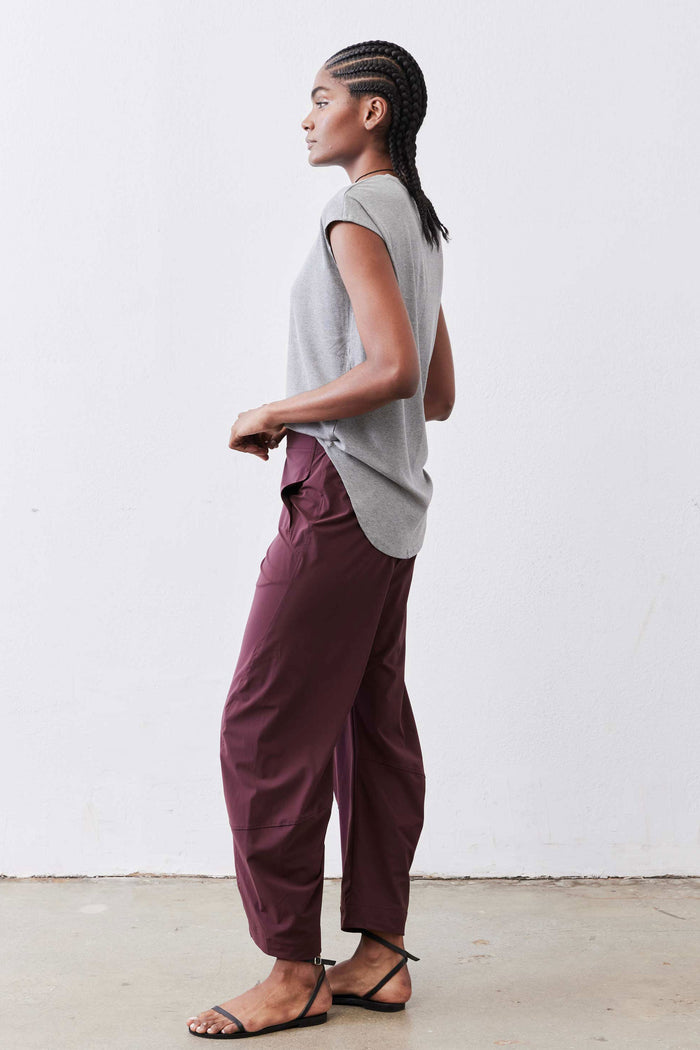Petite loose work pants in aubergine, ankle-length, side view