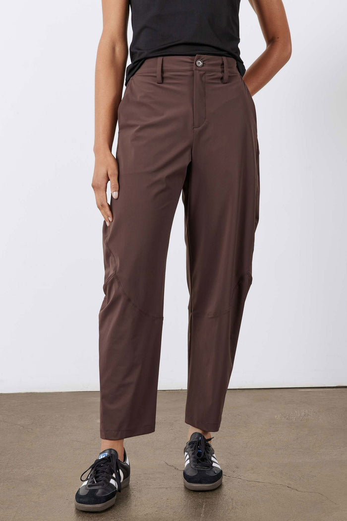 Coffee-brown straight wide-leg pants with button front and side pockets