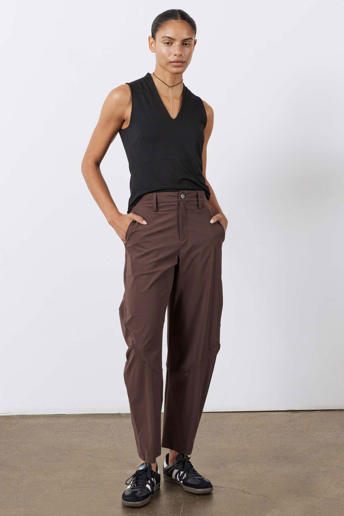 Coffee-brown petite wide-leg pants with button waistband and tapered leg