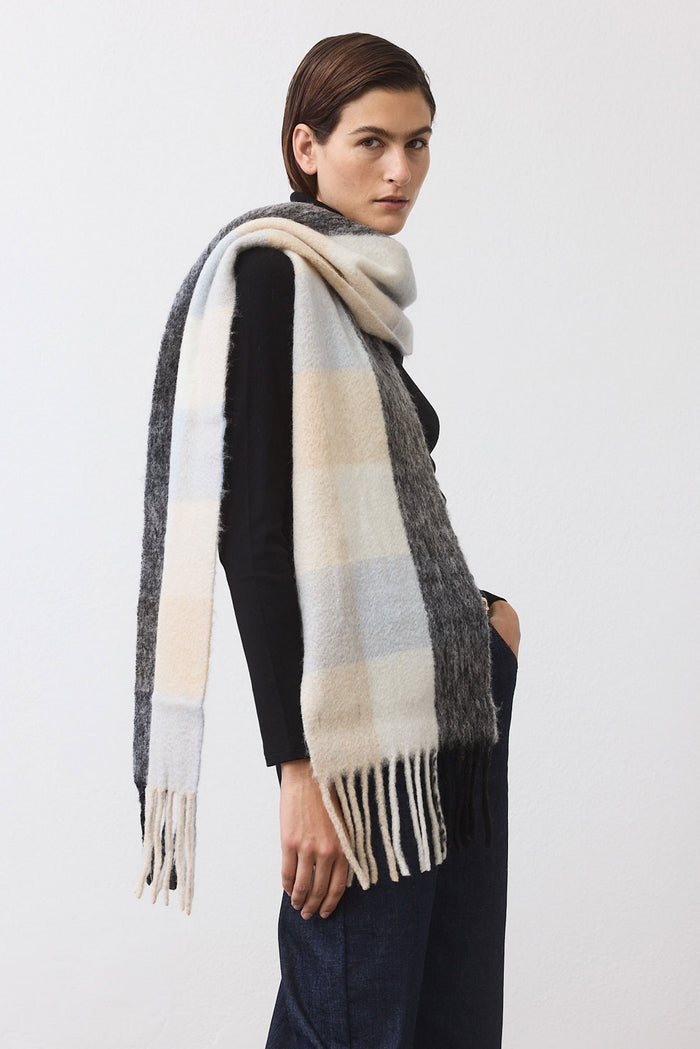 Plaid wool mohair scarf with fringed ends, cream, light blue, and dark gray blocks