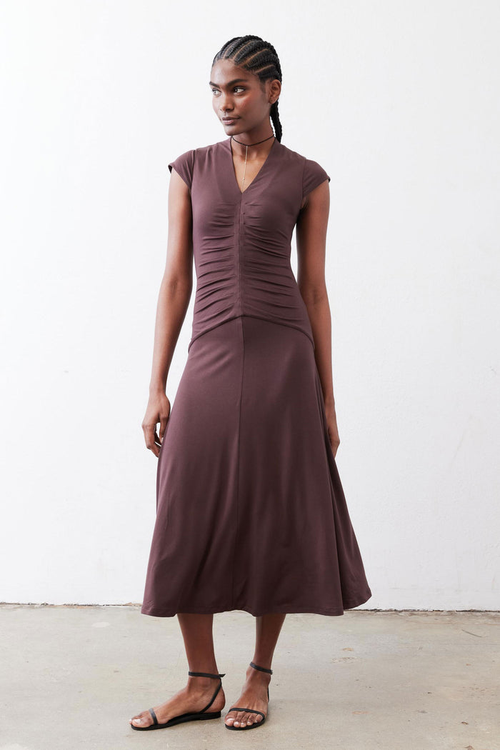 Ruched midi dress, sleeveless V-neck, standing front view, chocolate brown.