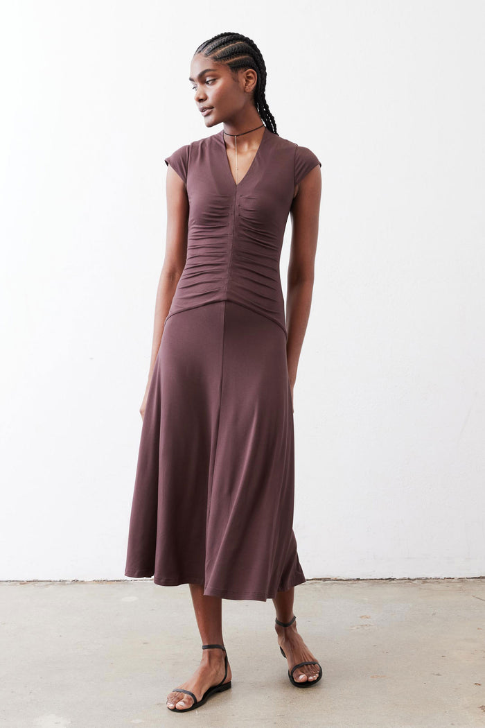 Ruched midi dress, sleeveless V-neck, full front view, chocolate brown.