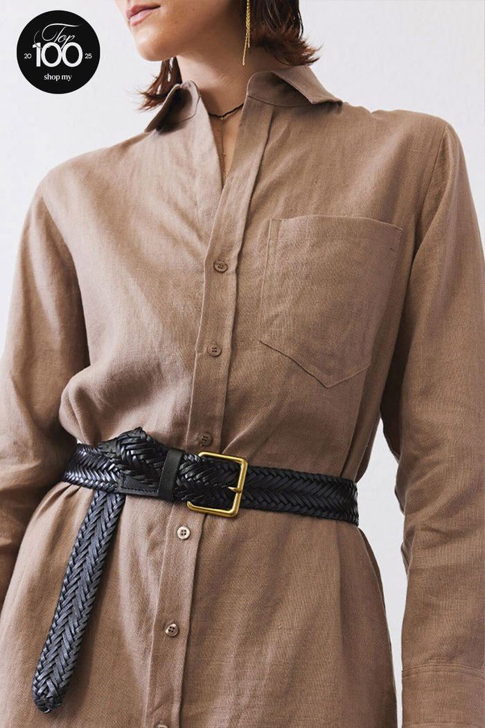 Black woven leather belt with gold buckle and long end detail