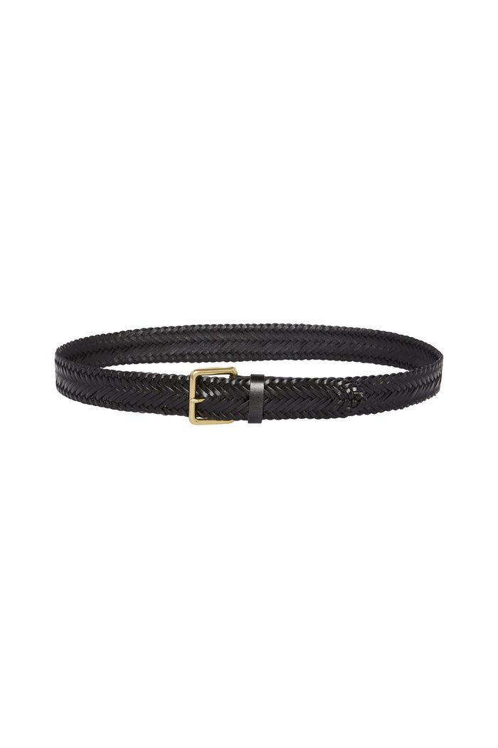 Black braided leather belt with gold rectangular buckle and black keeper
