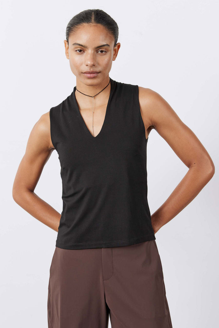 Black V-neck sleeveless tank top, close front view