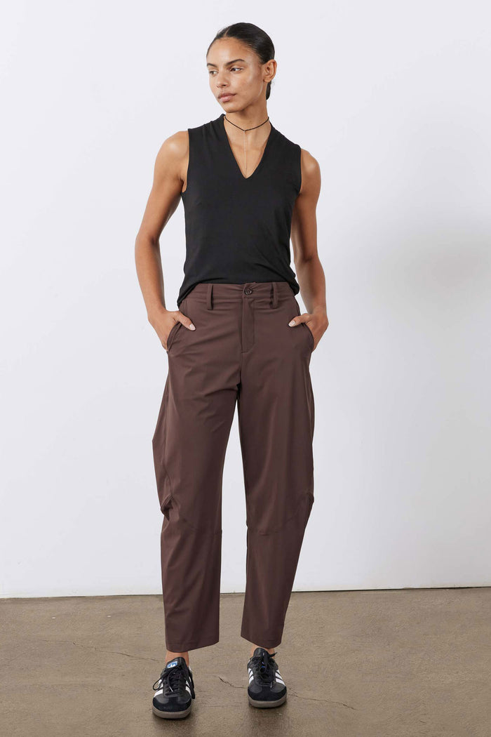 Black V-neck sleeveless tank top with fitted silhouette