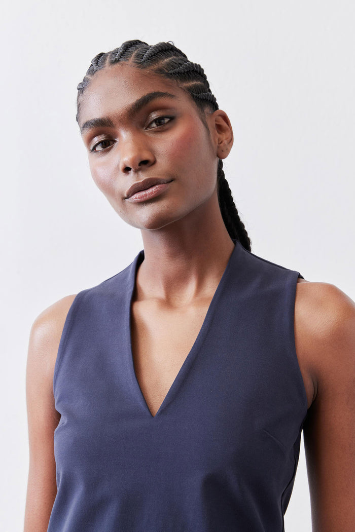 Sculpted tank top in deep sea blue with V-neckline