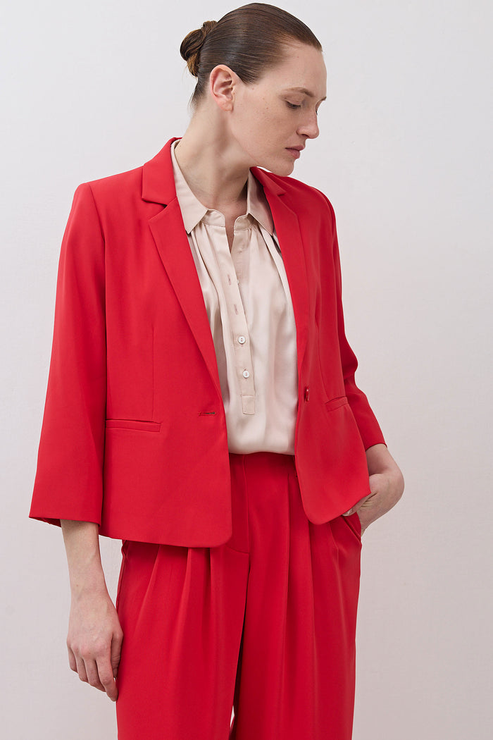 Tomato red cropped blazer with flap pockets and button cuffs