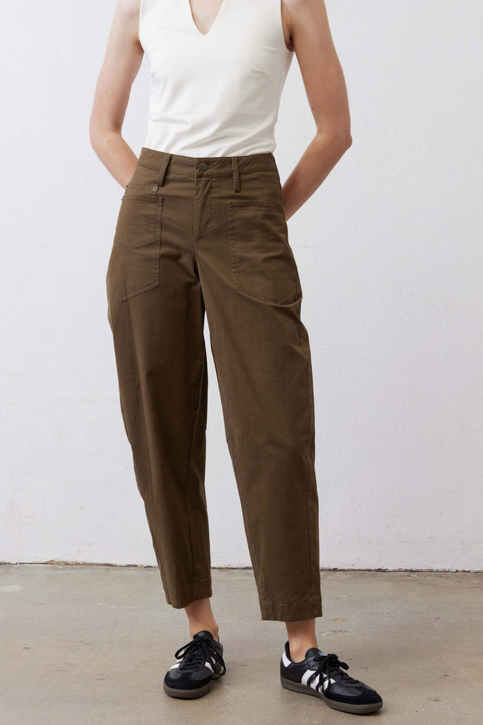 Olive slouchy twill pants with front button, belt loops, and straight relaxed leg.
